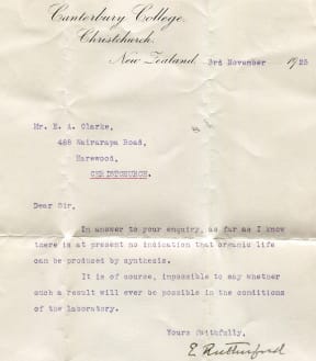 A letter Ernest Rutherford wrote to the grandfather of RNZ listener Kathryn Clarke, in 1925. It's now at the Canterbury Museum.