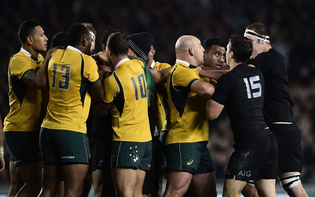Liam Messam (in beanie) gets involved in scuffle between All Blacks and Wallabies at Eden Park 2015.