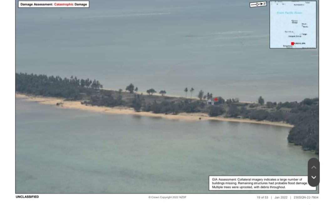 An aerial view of Atatā island taken by New Zealand Defence Force after the eruption of Hunga Tonga-Hunga Ha'apai and tsunami.
