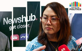 Title: "Focus on Politics". National MP Melissa Lee in front of Newshub billboard.