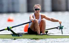 Emma Twigg on her way to winning her single scull heat in Tokyo.