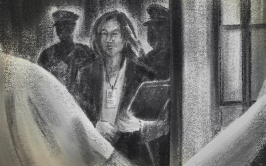 Charcoal sketch of social worker and police at the door
