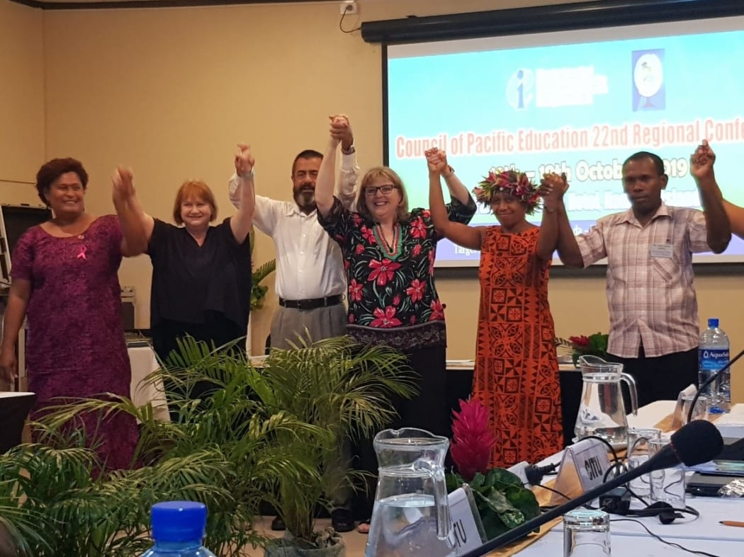 Delegates at the 2019 Council of Pacific Education Conference where Vanuatu's Neselinda Garae (second from right) was elected as the council's next president.