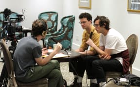 Whitney (Max Kakachek & Julien Ehrlich) with Music 101's Tony Stamp.