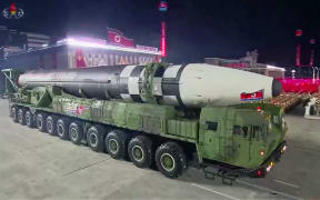 A screen grab taken from a KCNA broadcast on October 10, 2020 shows what appears to be a new North Korean intercontinental ballistic missile during a military parade marking the 75th anniversary of the founding of the Workers' Party of Korea, in Pyongyang.