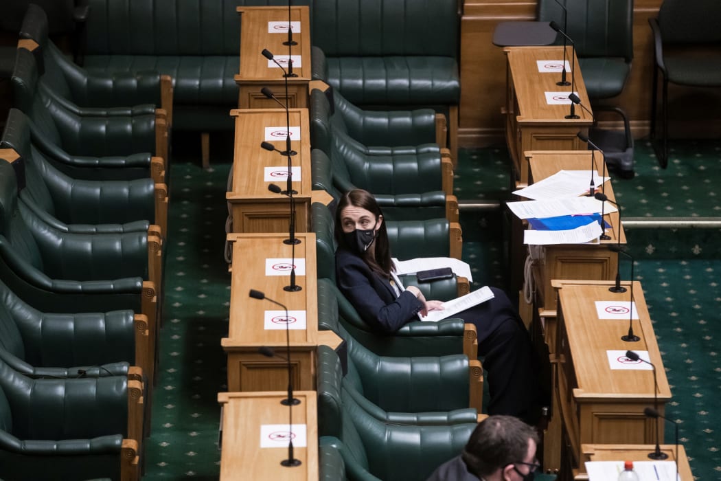 Jacinda Ardern at The first Question time and sitting of the House  in alert level 4 lockdown in the House of Representatives debating chamber.