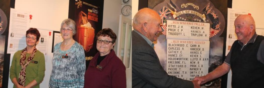 Waihi Museum staff and the two RSA blokes in front of the Roll of Honour.