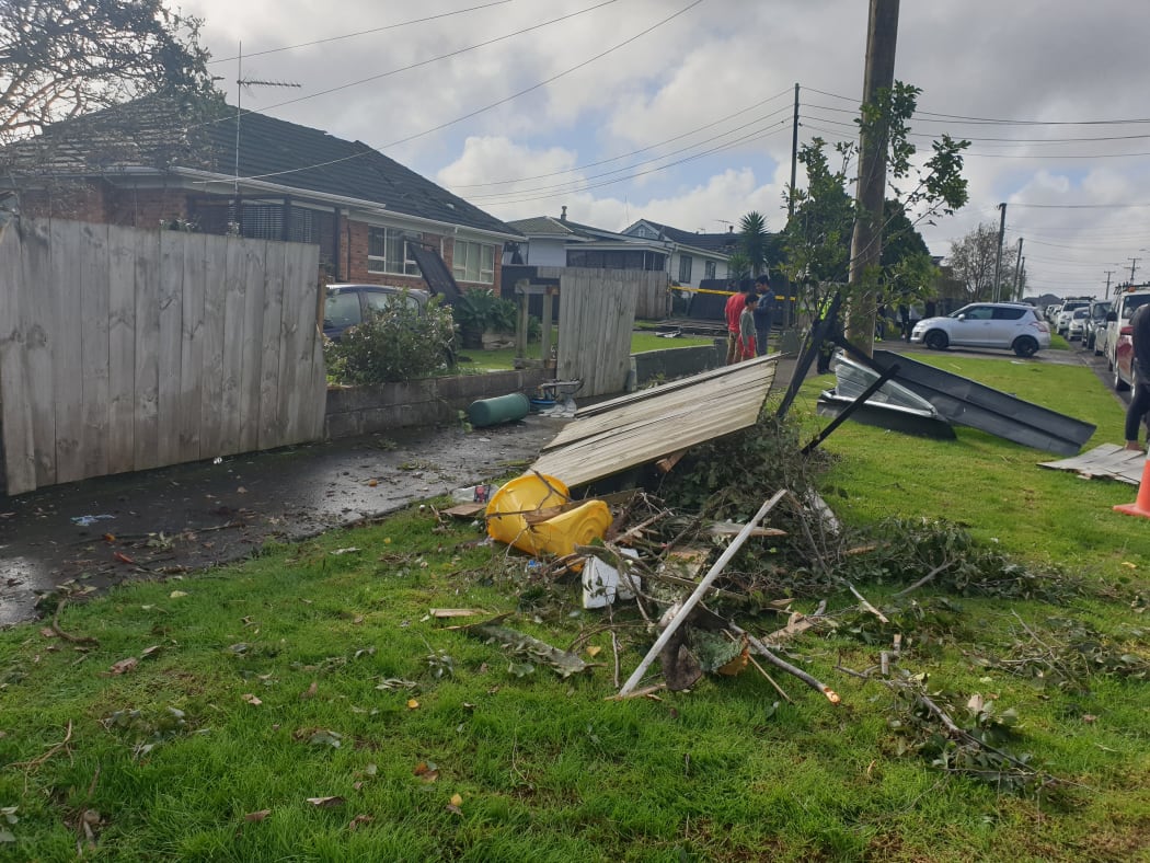 Damage at Freyburg Avenue after a tornado in the Auckland suburb of Papatoetoe.