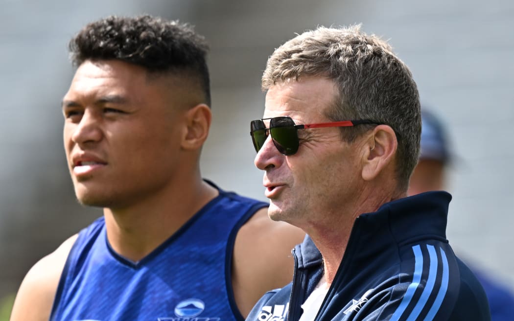 Caleb Clarke and Blues chairman Don Mackinnon.
Blues Super Rugby Pacific Captain's Run and training session at Eden Park, Auckland, New Zealand. Friday 22 March 2024. © Photo credit: Andrew Cornaga / www.photosport.nz