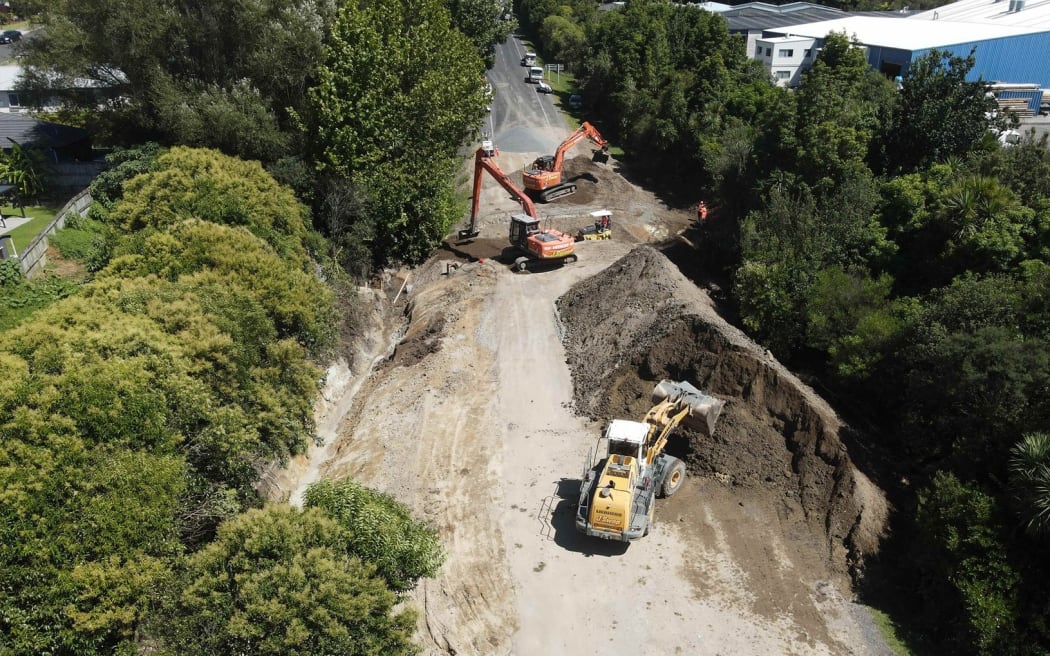 Roadworkers digging up a section of SH29A after a hole underneath the road was found.