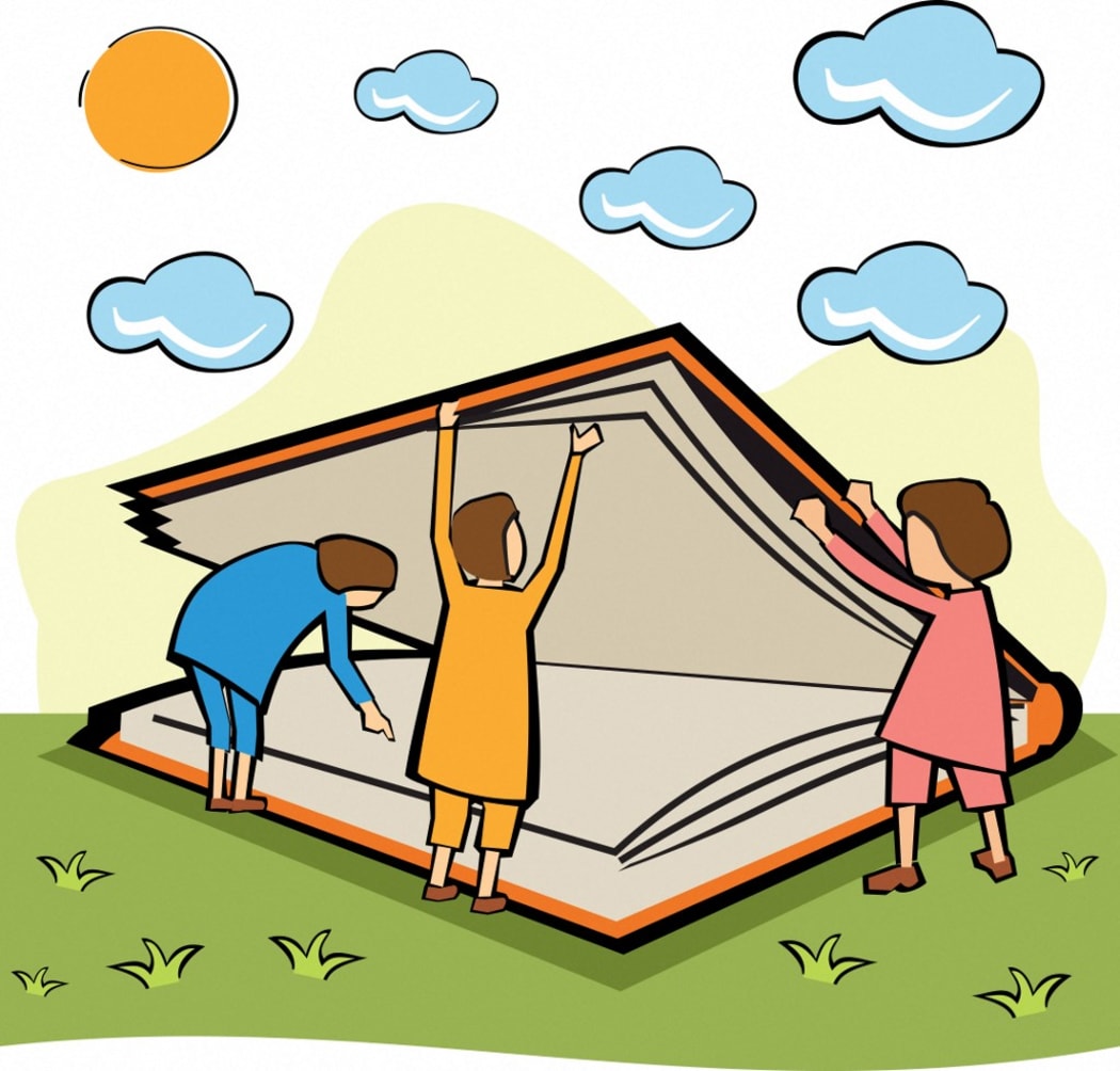 Children opening a large book, illustration. (Photo by FANATIC STUDIO / SCIENCE PHOTO L / FST / Science Photo Library via AFP)