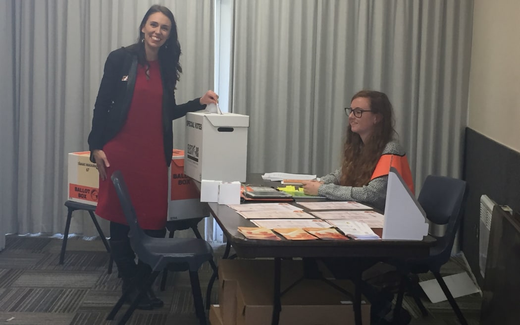 Labour leader Jacinda Ardern makes an advance vote in her electorate.