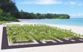 Artist's impression of proposed living artwork to be constructed in Tuvalu using mangrove plants arranged in the form of a giant QR barcode.