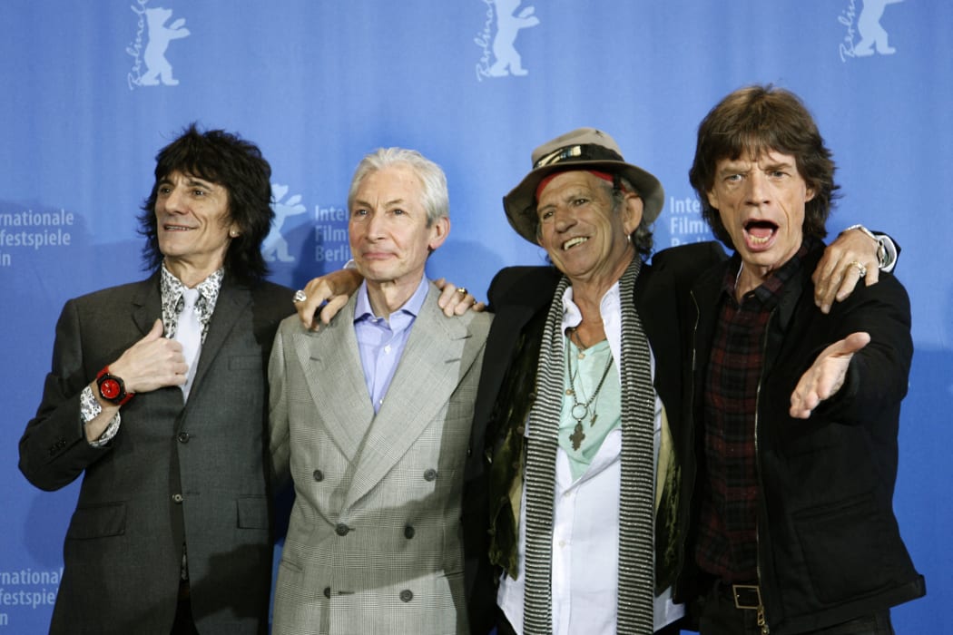 FILED - 07 February 2008, Berlin: The Rolling Stones - Ron Wood (l-r), Charlie Watts, Keith Richards and Mick Jagger - stand at the photo shoot for the Berlinale opening film "Shine a light".
