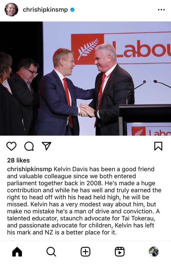 Labour leader Chris Hipkins pays tribute to Kelvin Davis on social media after the announcement of his former deputy leader's decision to leave politics.