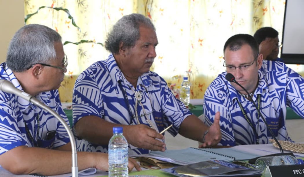 The director general of the  Pacific Islands Fisheries Forum Agency, James Movick, Tuvalu Minister Elisala Pita  and the Agency's deputy director general Wez Norris.