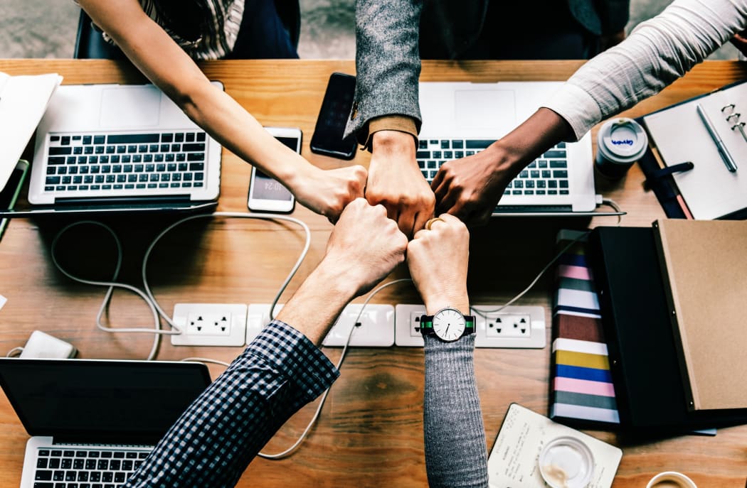 office workers fist bump