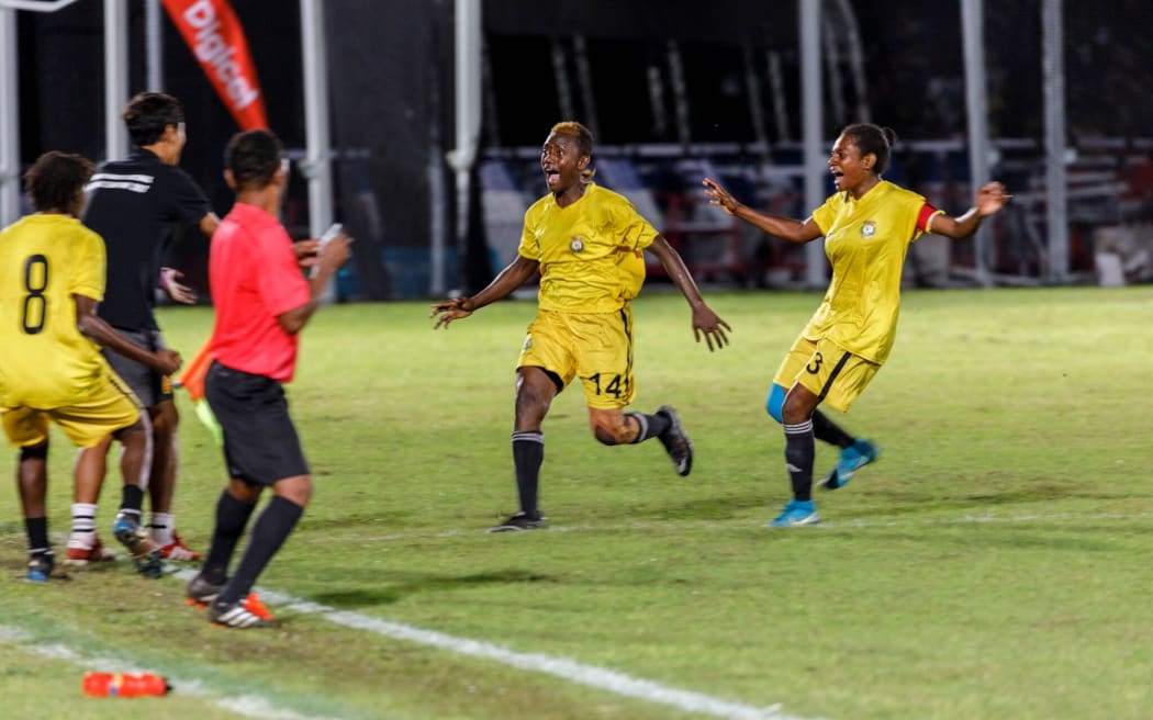 Vanuatu celebrate the winning goal against Fiji in the women's gold medal match.