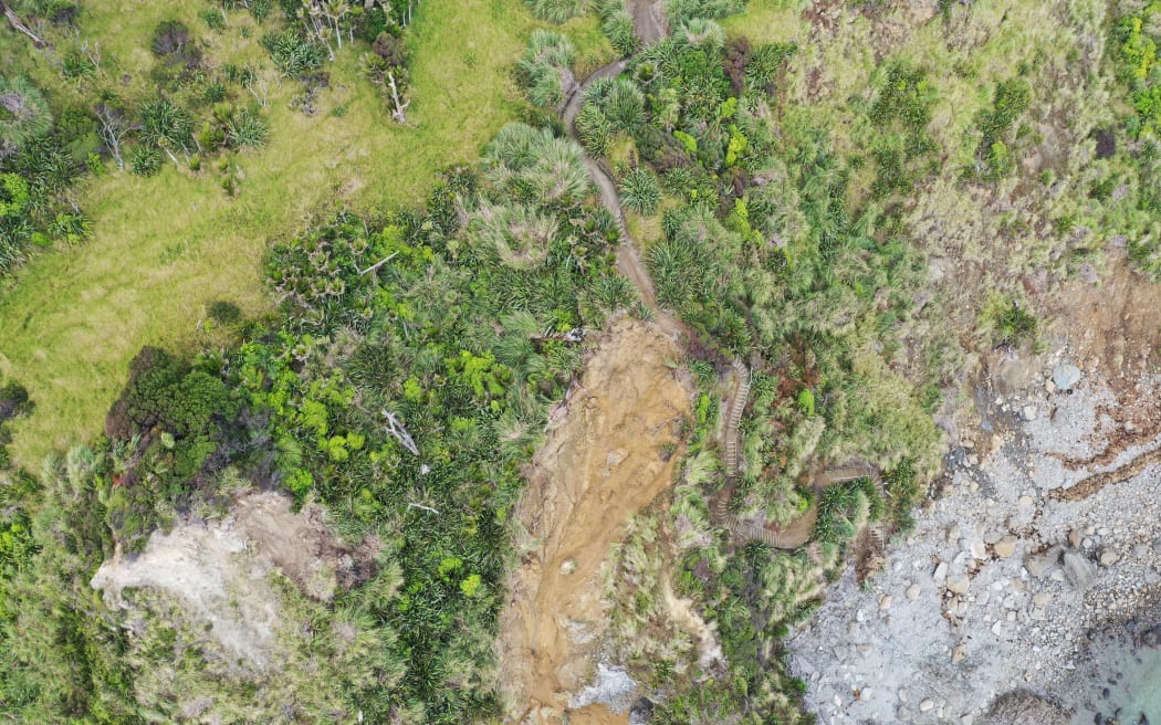 Aerial view of damage to Mangawhai Cliffs Walkway after Cyclone Gabrielle in February 2023.