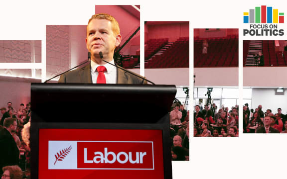 Focus on Politics: Collage of Chris Hipkins standing at a podium with a crowd of Labour supporters in background.