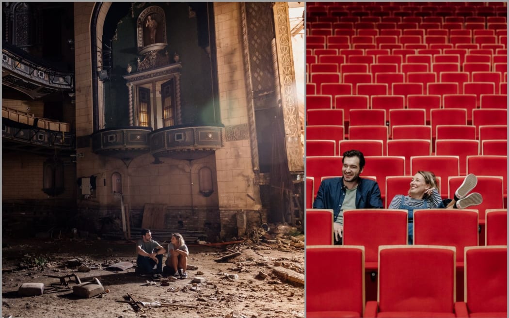 Two images from the film Workmates