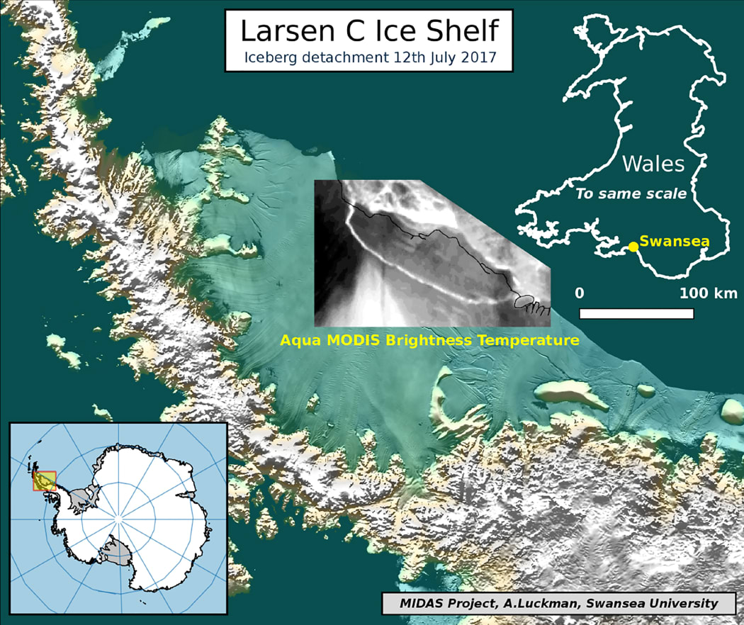 An illustration depicting the iceberg's detachment from the Larsen C Ice Shelf. A trillion-tonne iceberg, one of the biggest on record, has snapped off the West Antarctic ice shelf, said scientists on July 12, 2017 who have monitored the growing crack for months.