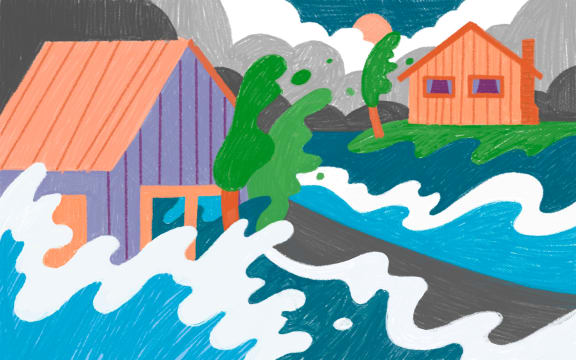 Stylised illustration of rising flood waters threatening homes and roads