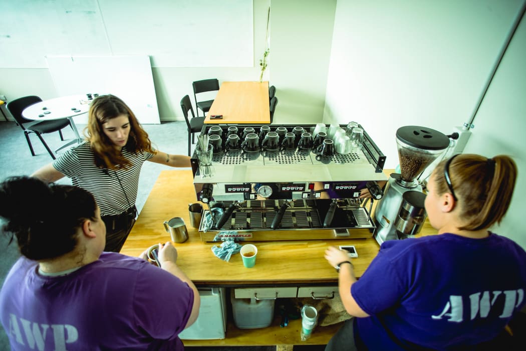 Lauren Tennent and two inmates on Trade School Industries' barista training course, Arohata prison.
