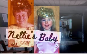 Title "Nellie's Baby" overtop old photographs and a dark hallway