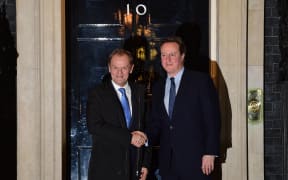 British Prime Minister David Cameron, right, with European Council president Donald Tusk outside 10 Downing Street in central London on 31 January 2016.