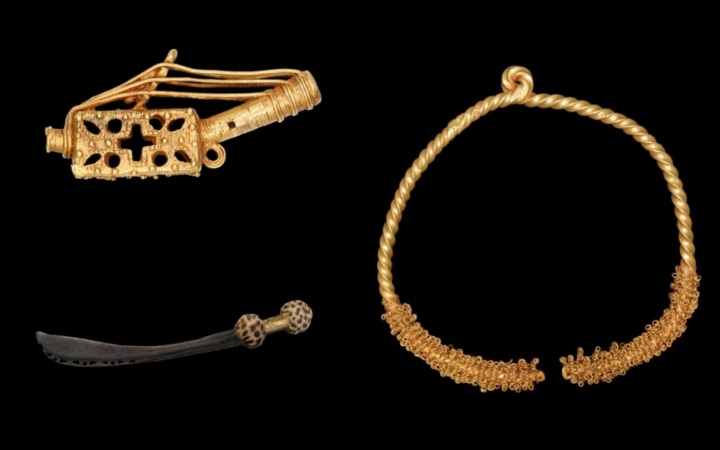 A gold model harp (top left) was given to the British Museum in the early 19th Century. But the gold torc (right) and sword of state were among the looted artefacts.