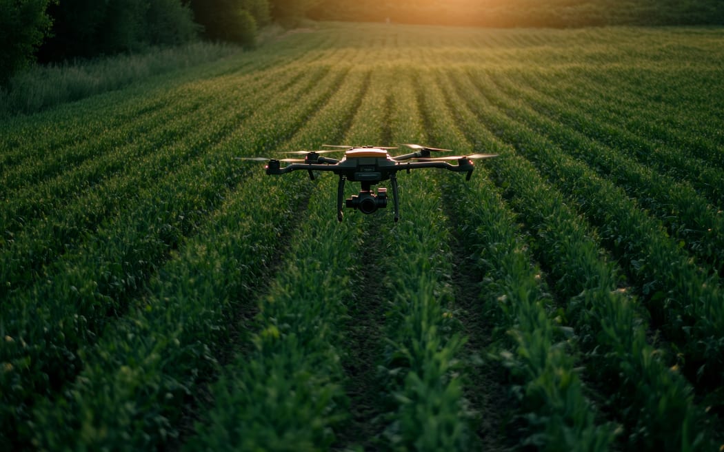 Drone over crops exploring agricultural innovations with aerial photography and technology