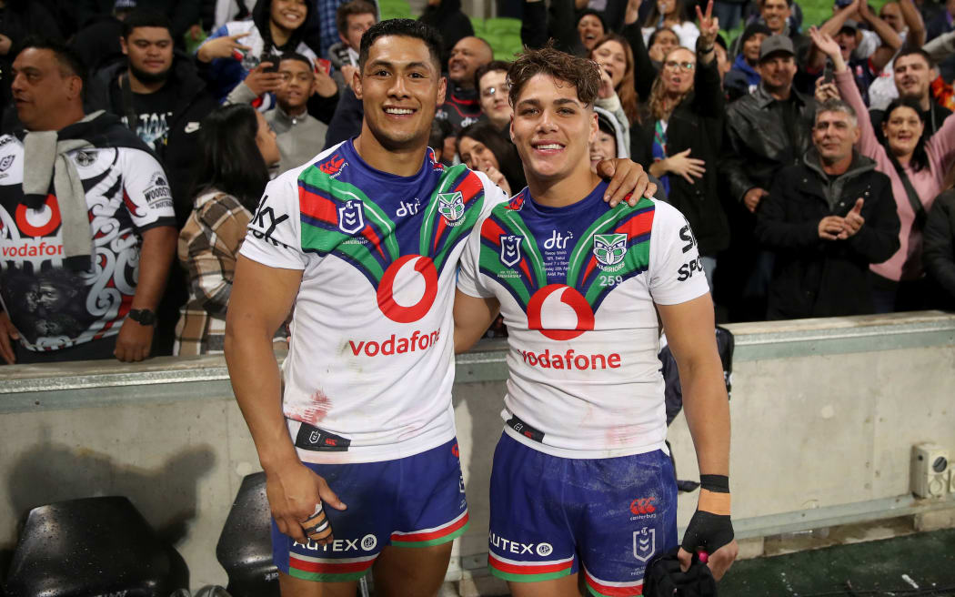 Warriors captain Roger Tuivasa-Sheck poses with debutant Reece Walsh after the round seven Anzac Day NRL match against the Melbourne Storm at AAMI Park on Sunday April 25, 2021 in Melbourne, Australia.