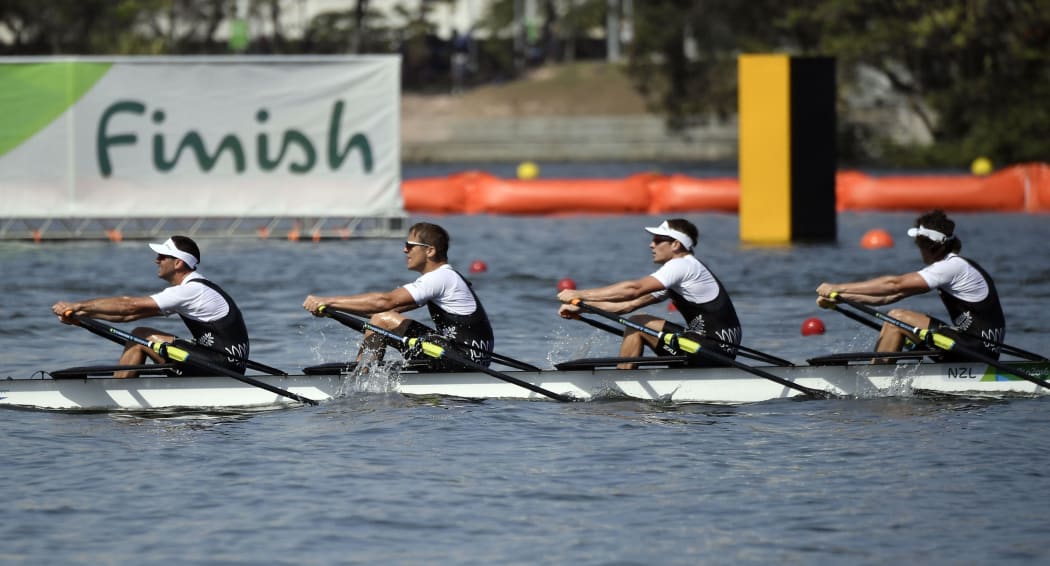 New Zealand's Jade Uru, New Zealand's George Bridgewater, New Zealand's John Storey and New Zealand's Nathan Flannery row during the Men's Quadruple Sculls rowing competition a
