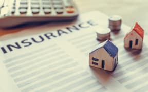 Home insurance form with money, calculator and models of houses.