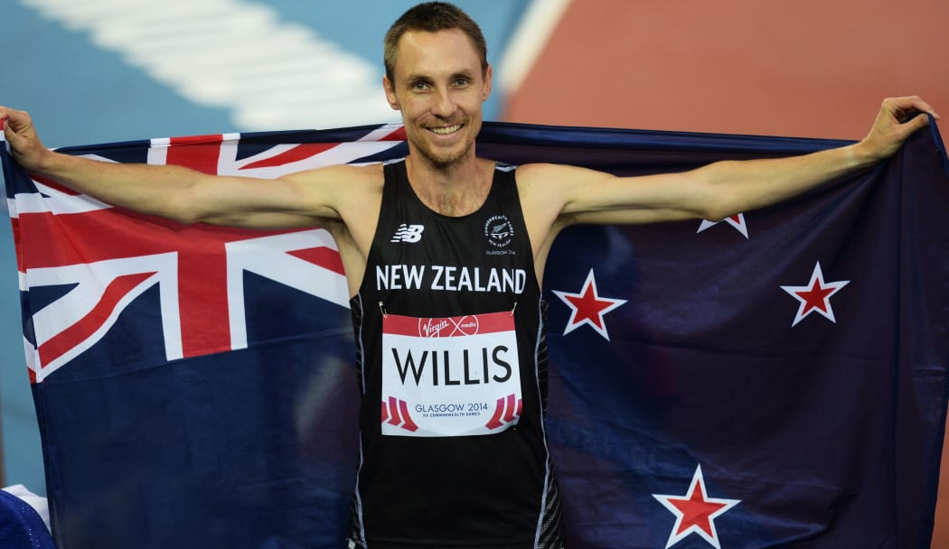 Nick Willis celebrates winning a bronze medal in the 1500m men's final. 
Glasgow Commonwealth Games 2014.