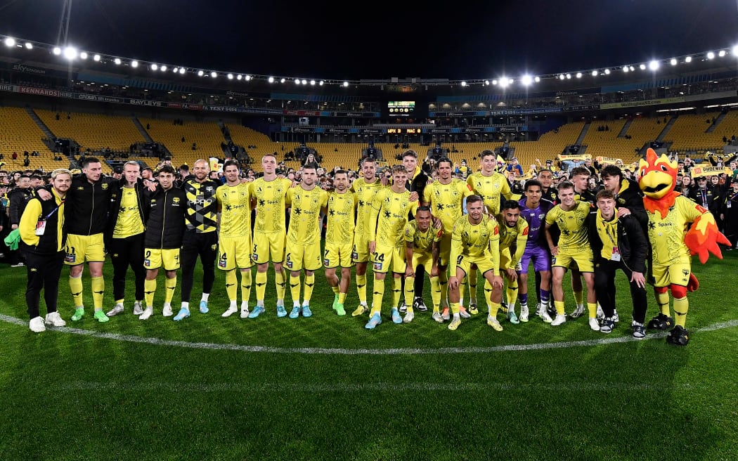 The Wellington Phoenix celebrate with their fans after their last A-League regular season game against Macarthur FC, 2024.