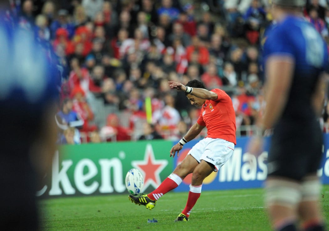 Kurt Morath kicks a penalty during Tonga's famous victory over France at the 2011 Rugby World Cup.