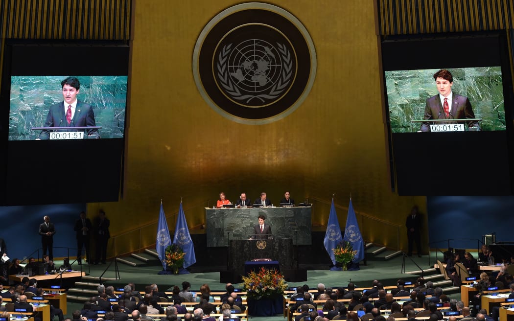 Canadian Prime Minister Justin Trudeau addresses the UN at the Paris Agreement signing ceremony on April 22, 2016 in New York.