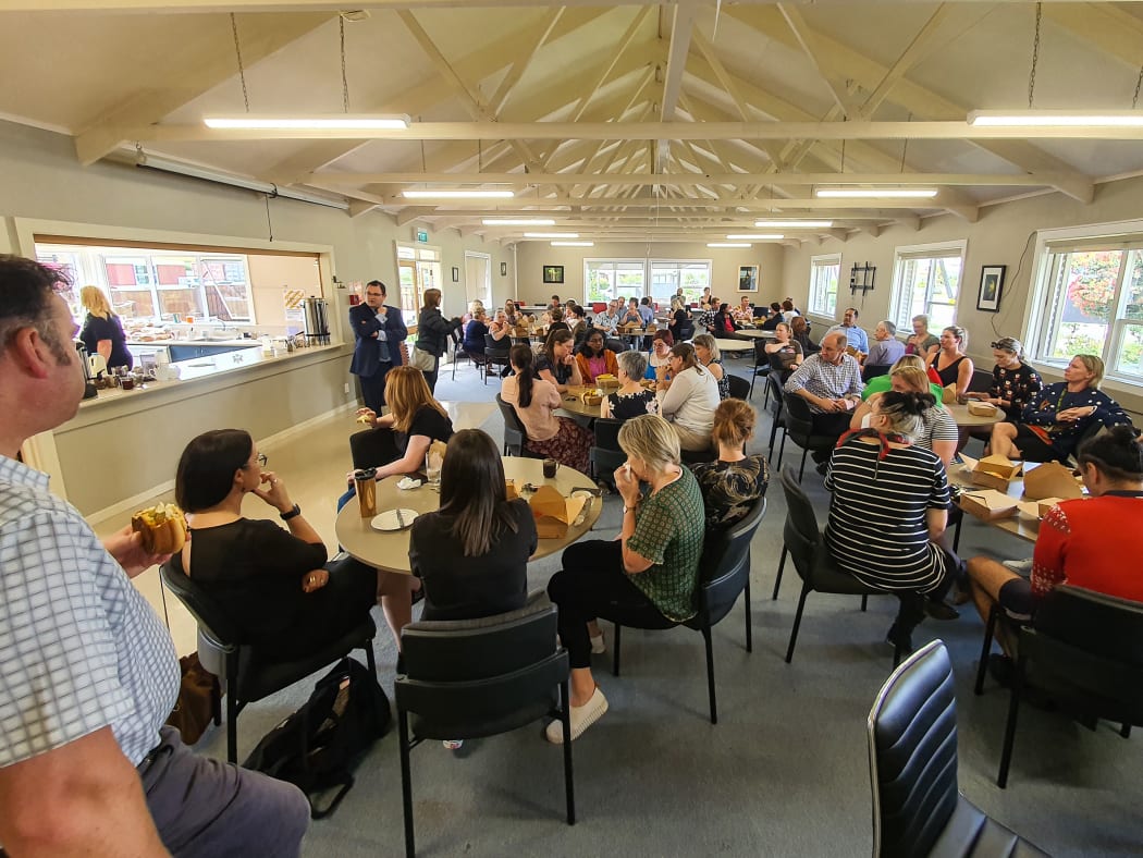 Tangi Utikere addresses the staffroom at Palmerston North's Freyberg High School