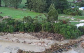 A view of the Jones Creek rail bridge in northern Buller following a sudden rainstorm in early May 2022.