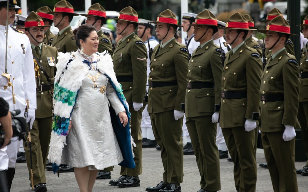 Governor-General Dame Cindy Kiro inspects a military formation outside Parliament after arriving for the State Opening of the 54th Parliament.
