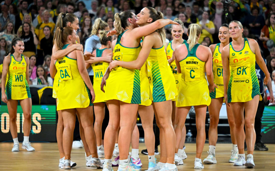 Team Australia celebrates after winning the third Constellation Cup test, 2022.