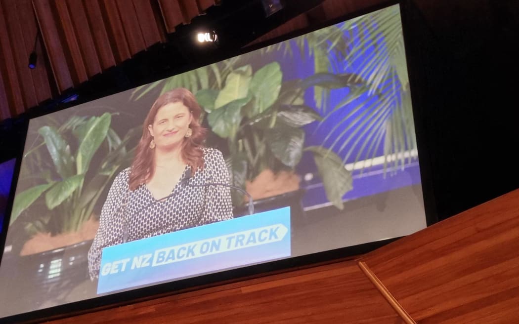 Nicola Willis speaks at the National Party conference, at the Michael Fowler Centre in Wellington, on Saturday 24 June 2023.