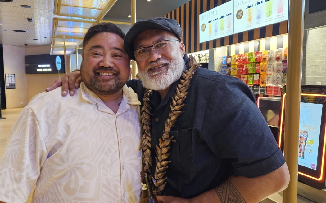 Semu Filipo and David Fane celebrate a successful premiere night.