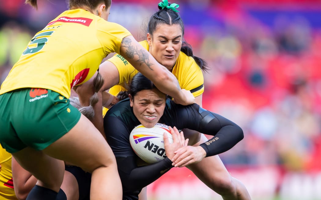 New Zealand Kiwi Ferns Autumn-Rain Stephens-Daly in the 2022 Rugby League World Cup final against Australia in Manchester.
