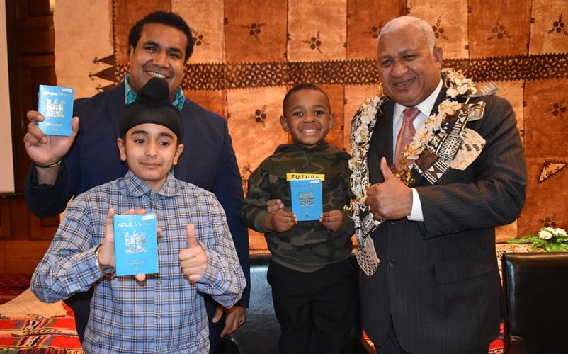 Prime Minister Frank Bainimarama with Fijians living in the UK.