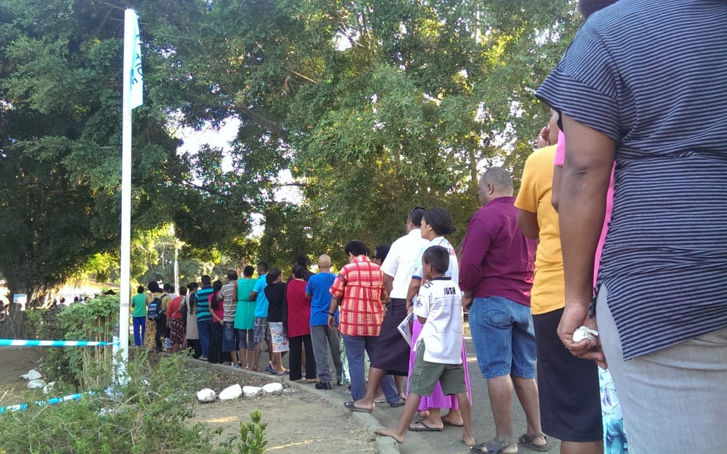 Queue at Andrews Primary School, Nadi to vote in Fiji Elections.