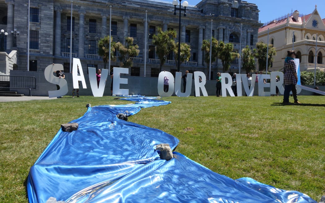 Greenpeace rolled out a symbolic river on the lawn of Parliament as a petition on irrigation was presented.