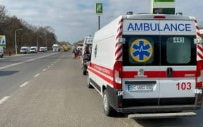 LVIV, UKRAINE - MARCH 13: Ambulances stand ready to be sent to the region after a series of missiles hit the International Center for Peacekeeping and Security  this morning in Lviv, Ukraine on March 13, 2022.